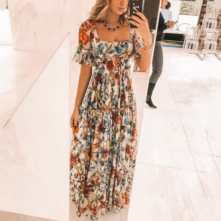 Women’s Maxi Dress - Smocked Bodice - Flutter Sleeve - Tiered Skirt - Breathable Blend