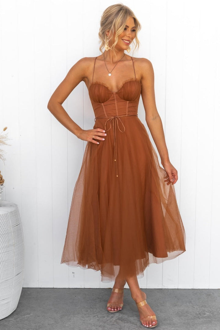 Women’s Midi Dress - A-Line Fit - Sweetheart Neckline - Sheer Overlay - Tie Waist