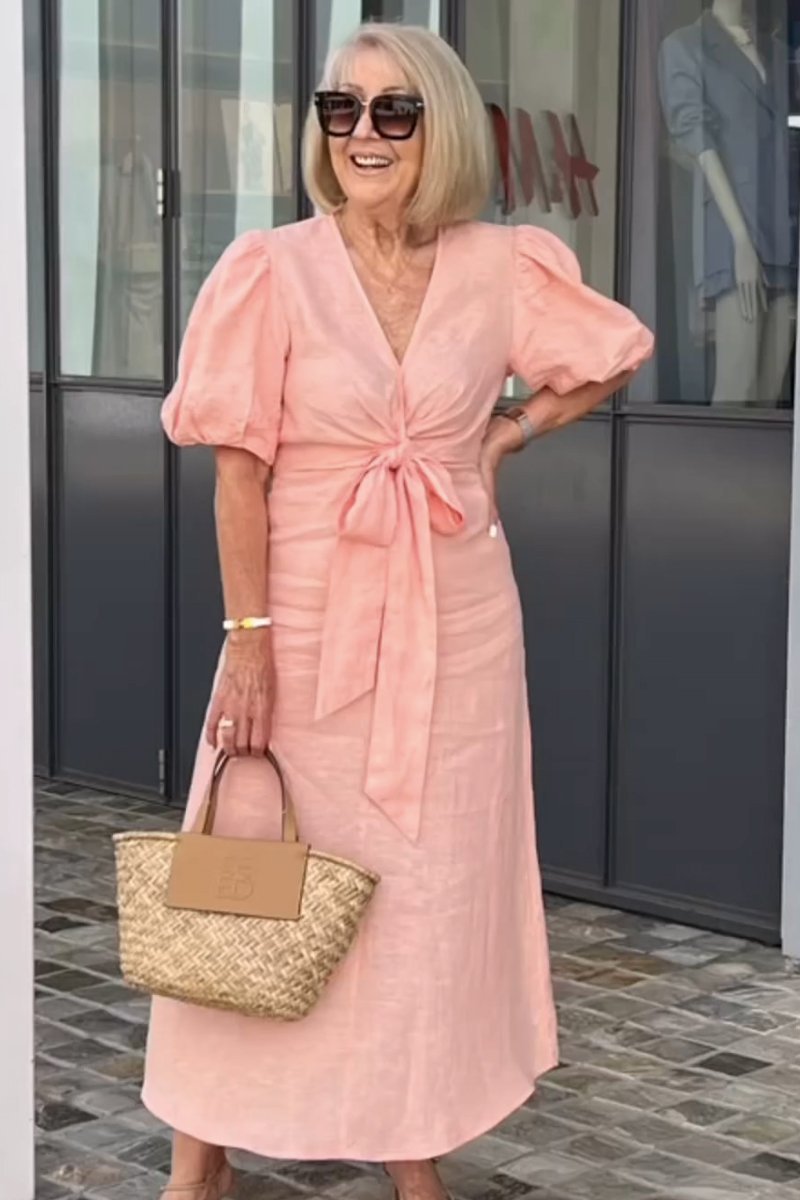 Women’s Midi Dress – Natural Fibers – V-Neck – Tie Waist – Puff Sleeve – Relaxed Fit