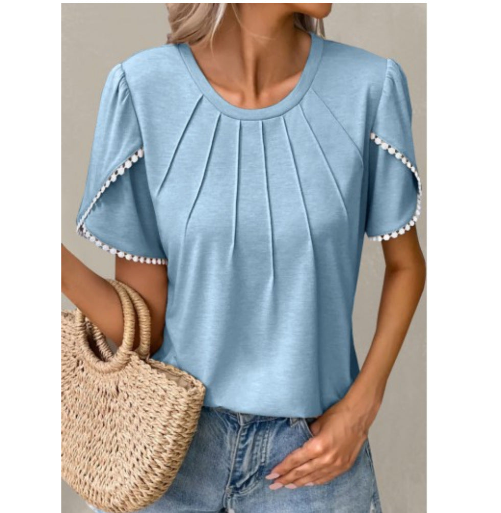 Women’s T-Shirt – Relaxed Fit – Soft Knit – Ruffled Sleeves – Pleated Front Detail