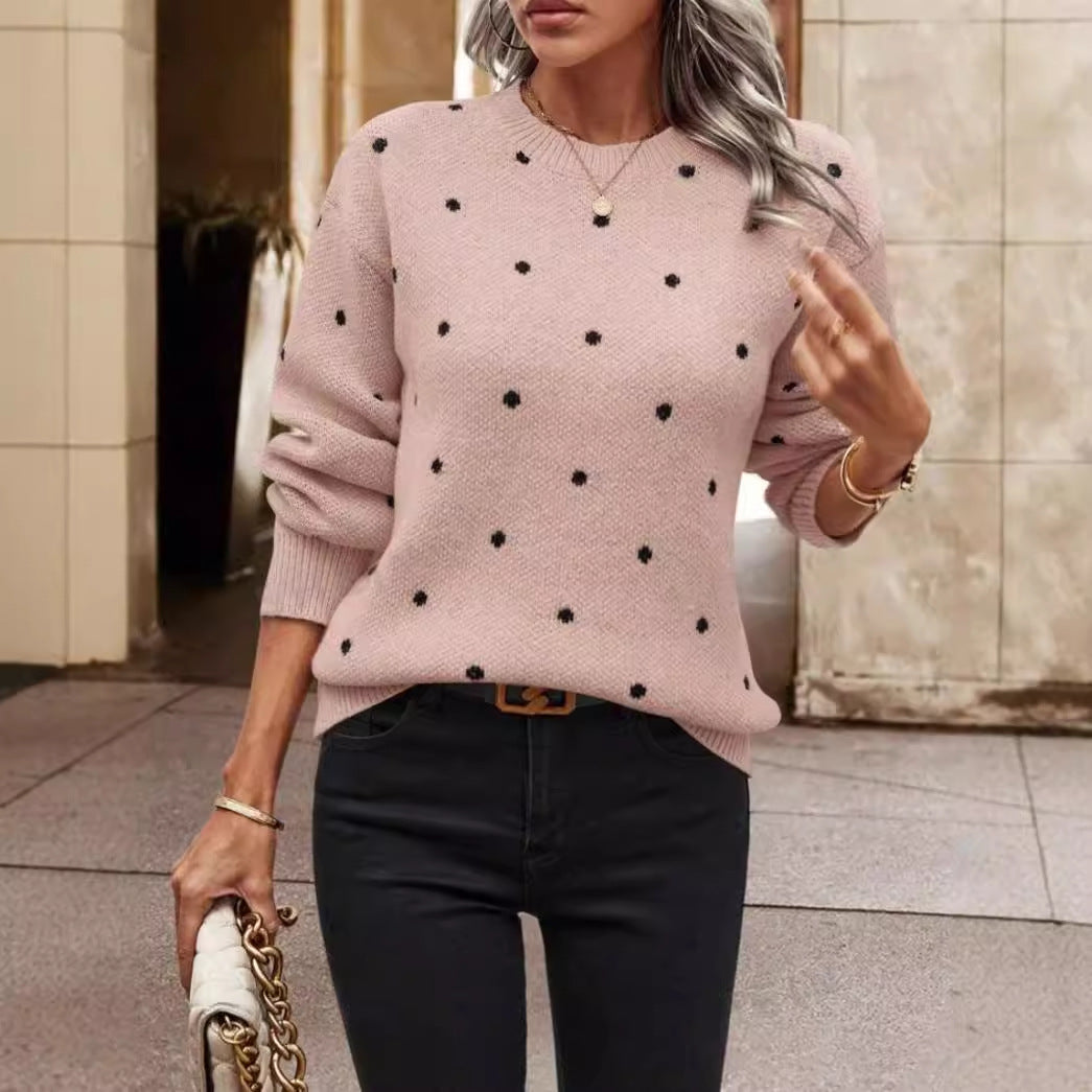 Women’s Knitted Pullover Sweater - Relaxed Fit - Polka Dot Pattern - Long Sleeve