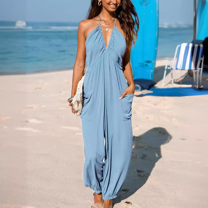 Women’s Halter Jumpsuit – Ruched Bodice – Fitted Waist – Wide Leg – Open Back