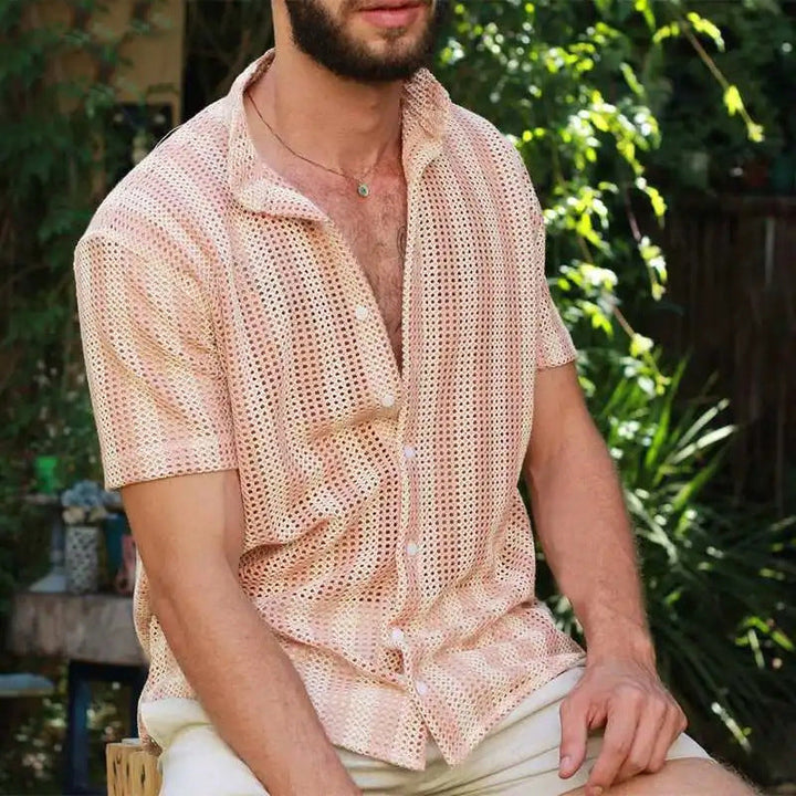 Men’s Mesh Shirt - Relaxed Fit - Short Sleeve - Button-Up - Breathable Grid Design