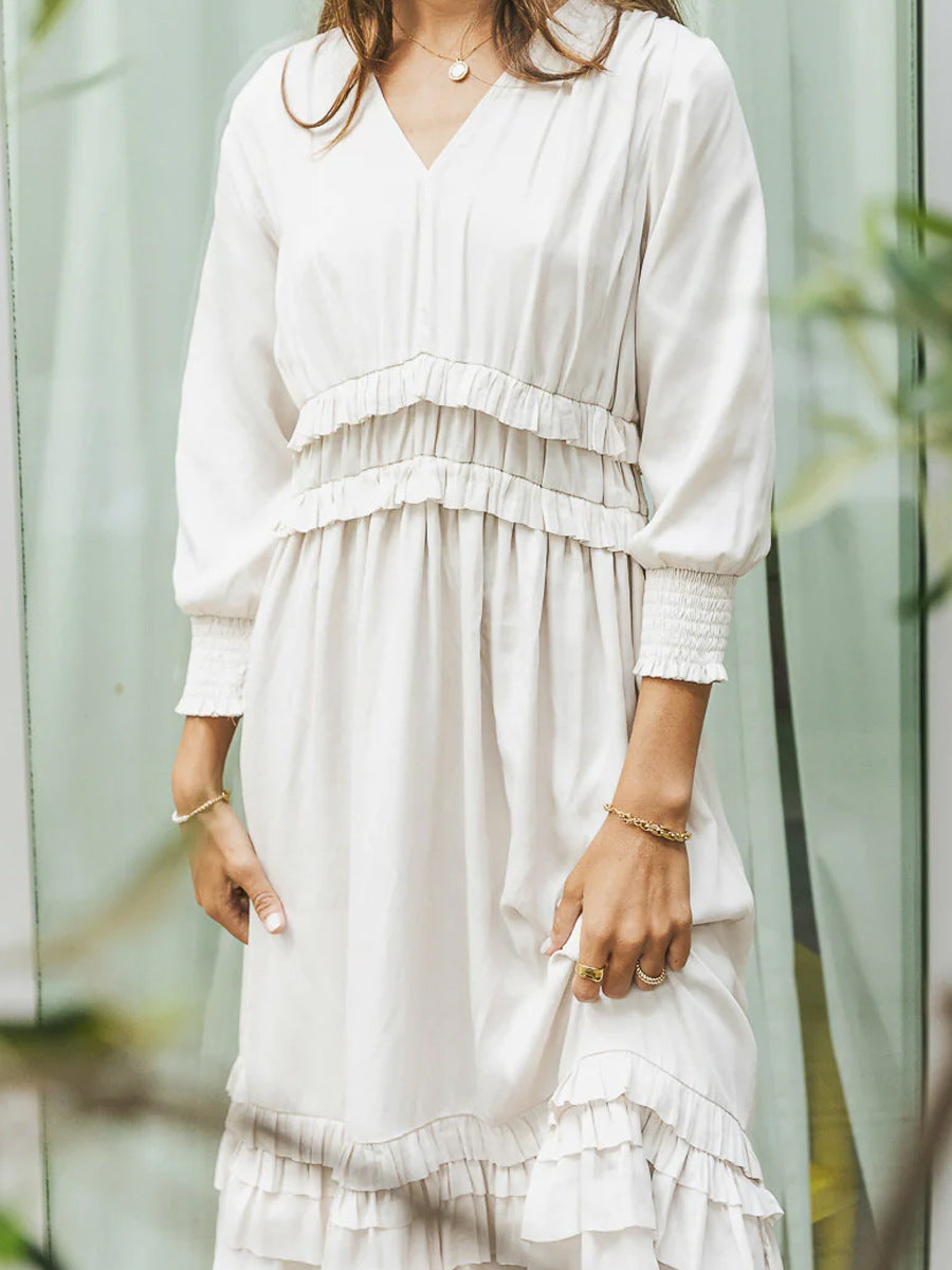 Women’s Midi Dress – V-Neck Relaxed Fit – Tiered Ruffle – Long Sleeve – Breathable Blend