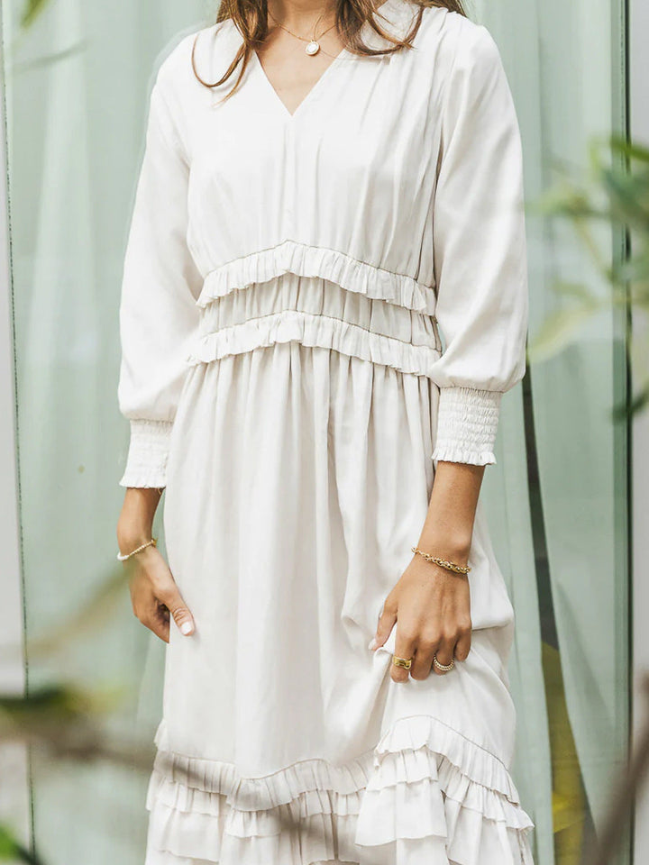 Women’s Midi Dress – V-Neck Relaxed Fit – Tiered Ruffle – Long Sleeve – Breathable Blend