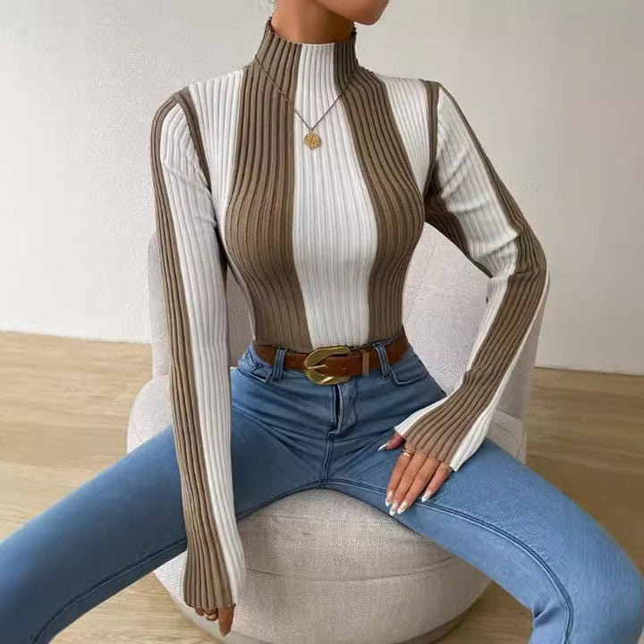 Women’s Knit Top – Slim Fit – Ribbed Texture – Mock Neck – Long Sleeve Stylish Layer