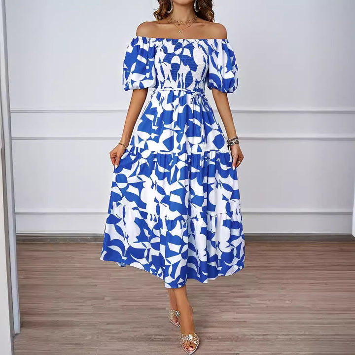 Women’s Off-Shoulder Midi Dress - Shirred Bodice - Puff Sleeve - Flowing A-Line Fit