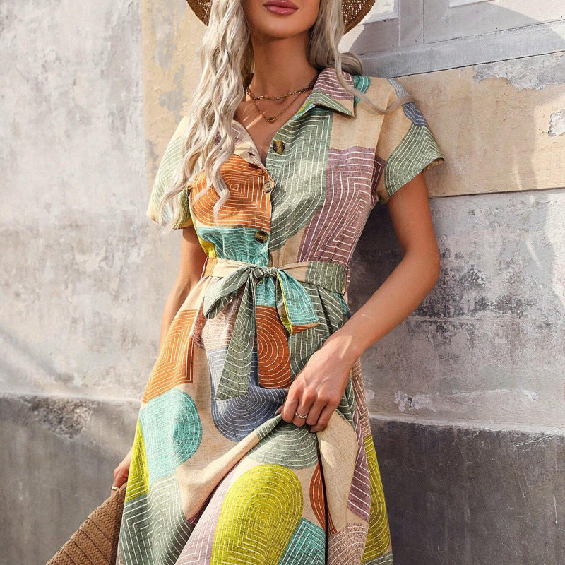 Women’s Shirt Dress – Cotton – Relaxed Fit – Belted Waist – Knee Length – Patterned