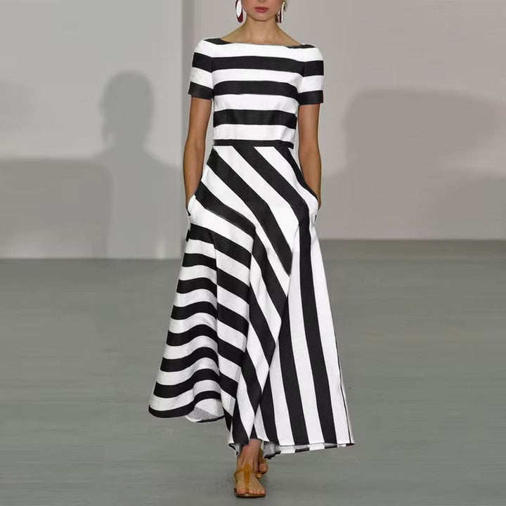 Women’s Long Dress – Flared Silhouette – Off Shoulder – Striped Pattern