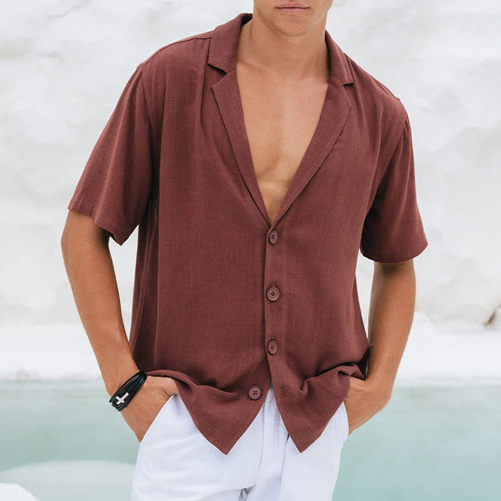 Men’s Casual Shirt - Relaxed Fit - Deep V-Neck - Notched Lapel - Short Sleeve Breathable