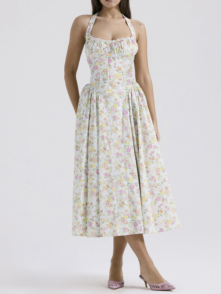 Women’s Halter Neck Dress – Satin Feel – Fitted Bodice – Gathered Bust – Midi A-Line Skirt