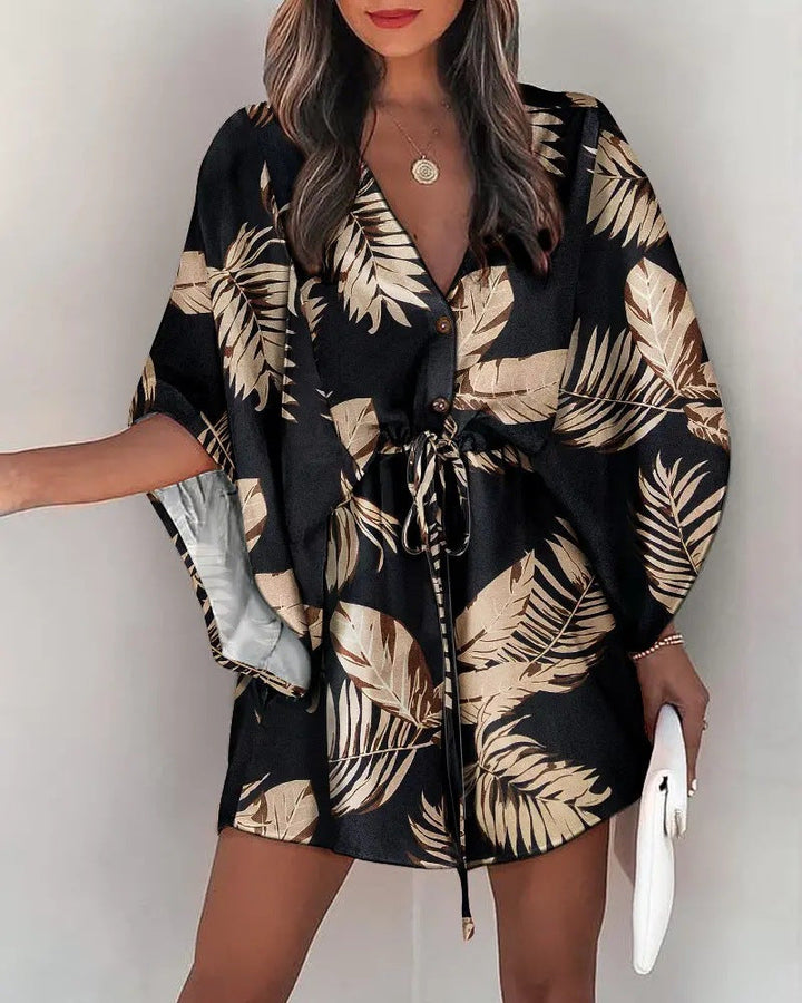 Women’s Mini Dress – Flowy Fit – V-Neck – Lace-Up Waist – Flutter Sleeve – Button Front