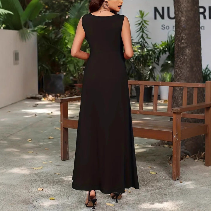 Women’s Maxi Dress – Sleeveless A-Line – Lightweight Fabric – High Neck Minimalist Style