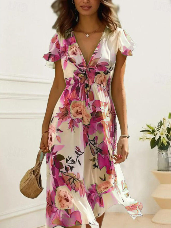 Women’s Maxi Dress – Lightweight Fabric – V-Neck – Flutter Sleeves – Relaxed Fit