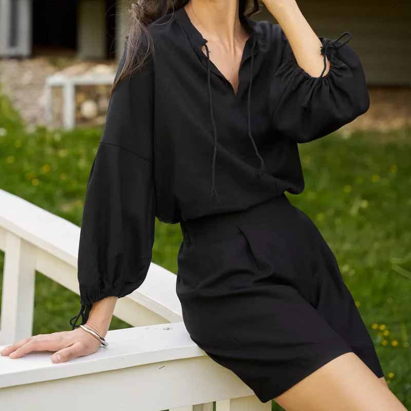 Women’s Two-Piece Set – V-Neck Balloon Sleeve Top – Ruffle Hem Relaxed Shorts – Breathable Blend