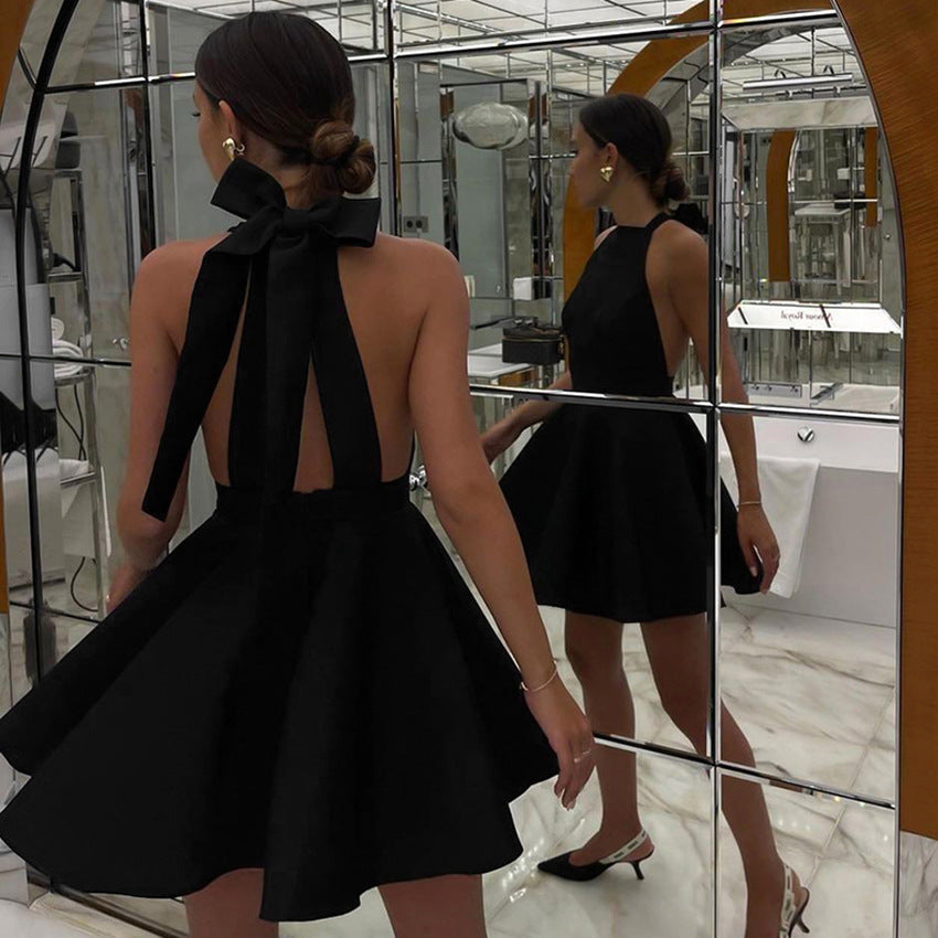 Women’s Halter Dress – Fit and Flare – A-Line Silhouette – Backless Elegant Cocktail Wear
