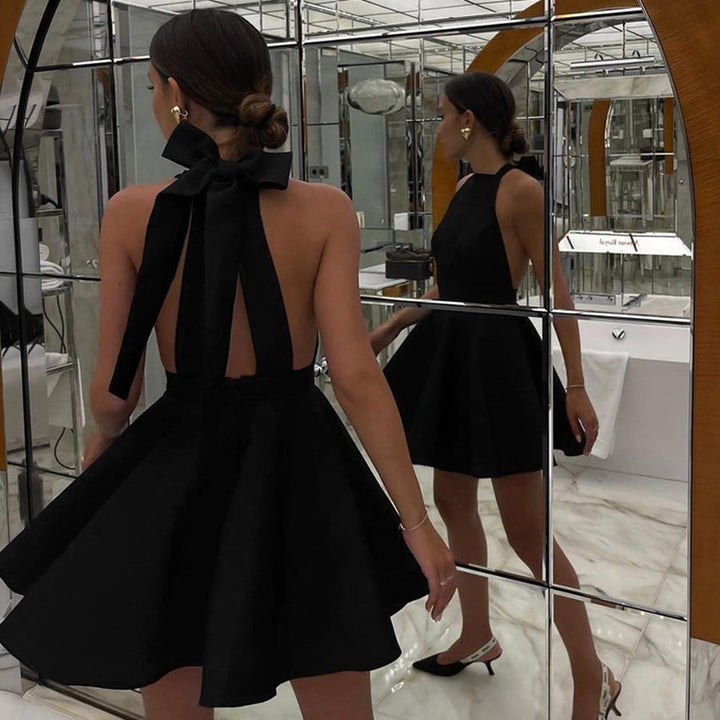 Women’s Halter Dress – Fit and Flare – A-Line Silhouette – Backless Elegant Cocktail Wear