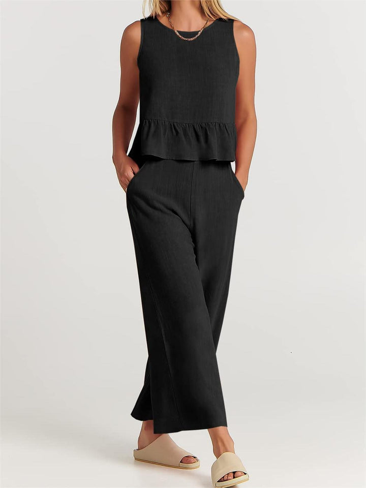 Women’s Two-Piece Set – Sleeveless Peplum Top – Wide-Leg High-Waist Pants – Lightweight Breathable