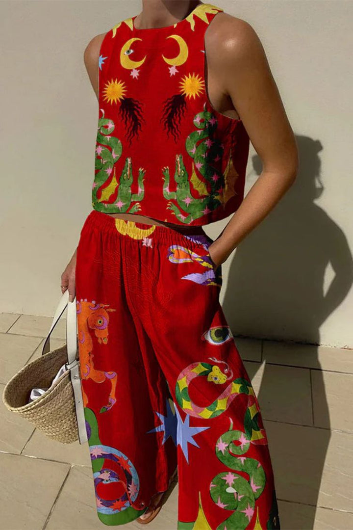 Women’s Two-Piece Set – Sleeveless Crop Top & Wide-Leg Pants – Relaxed Fit – Lightweight