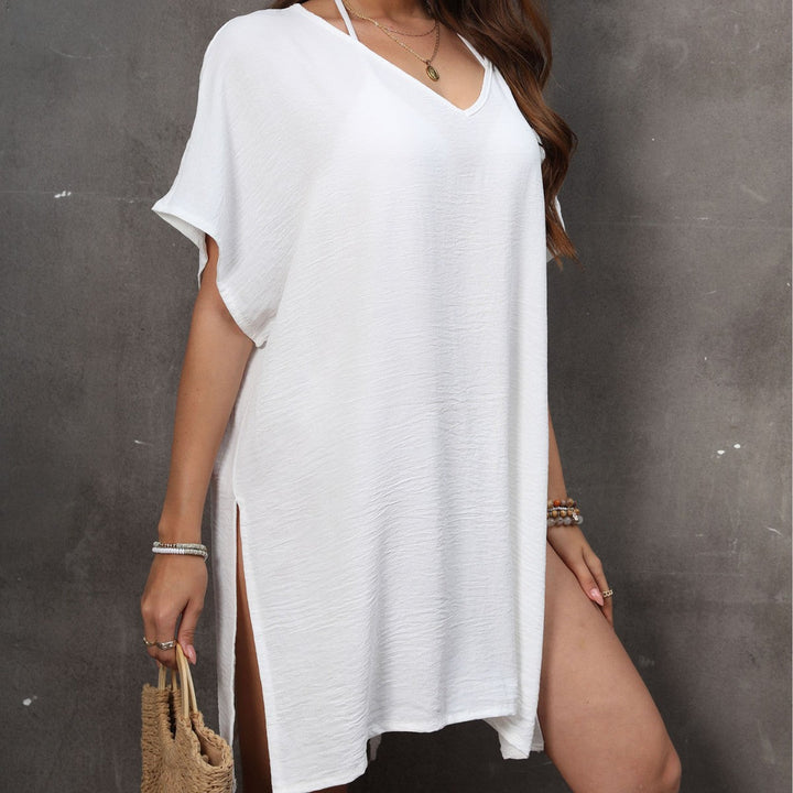Women’s Beach Cover-Up – Breathable Blend – Loose Fit – V-Neck – Short Sleeve – Side Slits