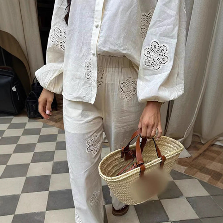 Women's Two-Piece Set - Relaxed Fit Blouse with Embroidery - Wide-Leg Pants - Button Closure