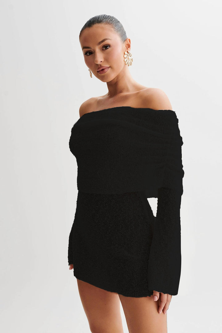 Women’s Knit Dress – Off-Shoulder – Slim Fit – Long Sleeve – Soft Textured Fabric