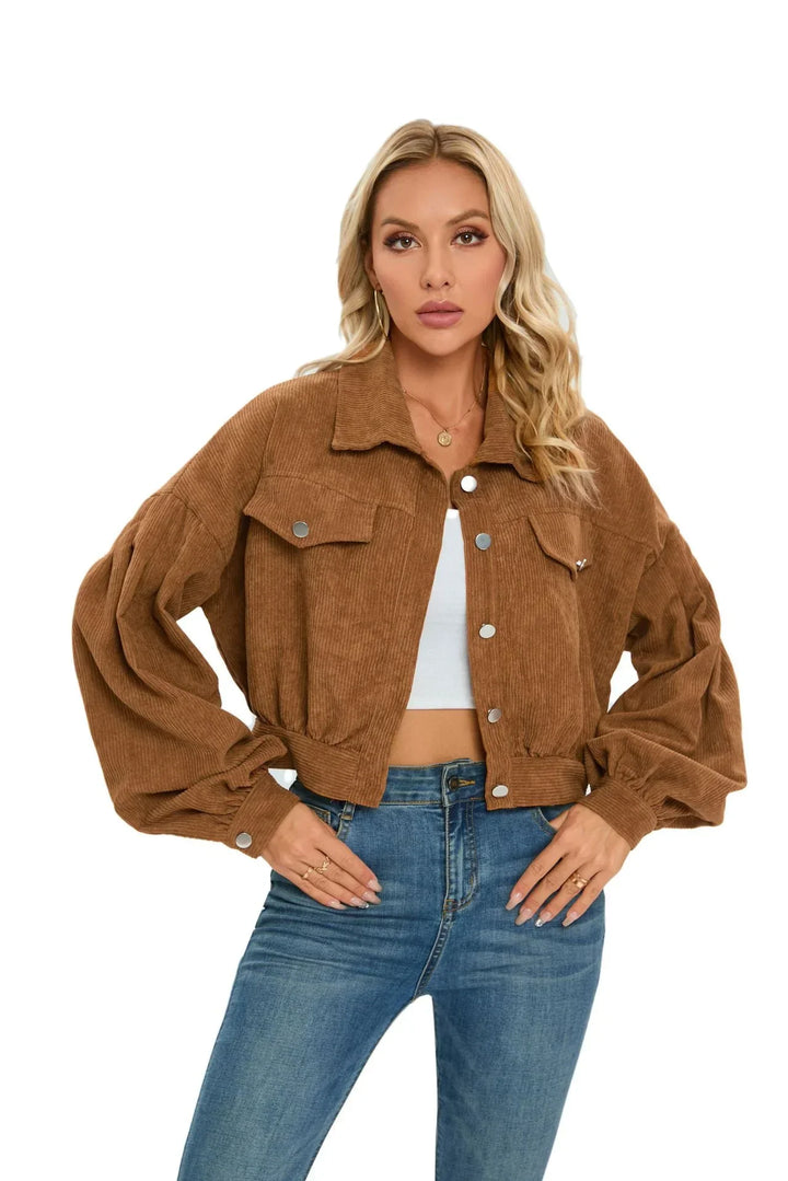 Women’s Cropped Jacket - Corduroy - Oversized Fit - Balloon Sleeves - Chest Pockets