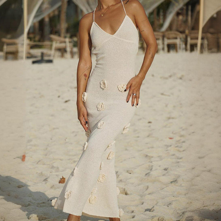 Women’s Maxi Dress - Slim Fit - V-Neck - Spaghetti Straps - 3D Floral Appliqués