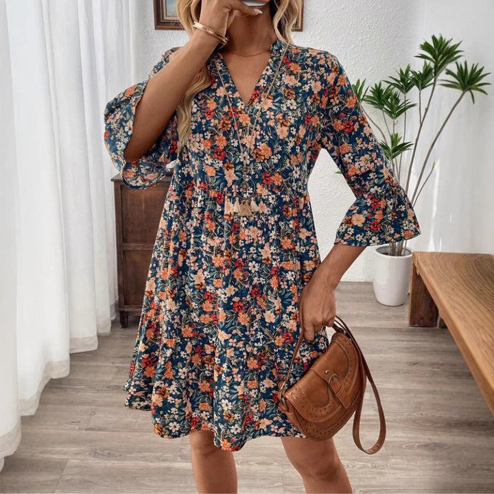 Women’s A-Line Dress – Lightweight Cotton – V-Neck – 3/4 Flare Sleeve – Floral Print