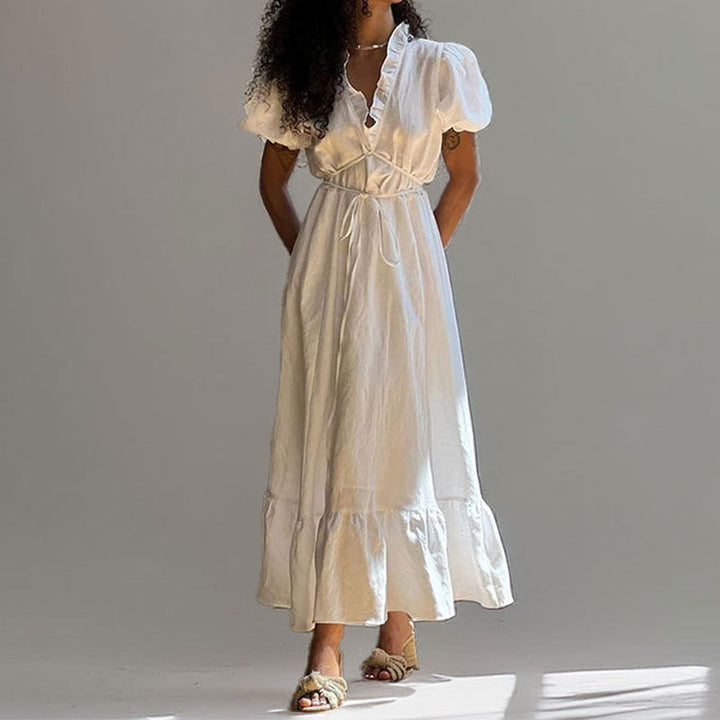Women’s Maxi Dress – V-Neck Ruffle Detail – Puff Sleeve – Tiered Hem – Cinched Waist