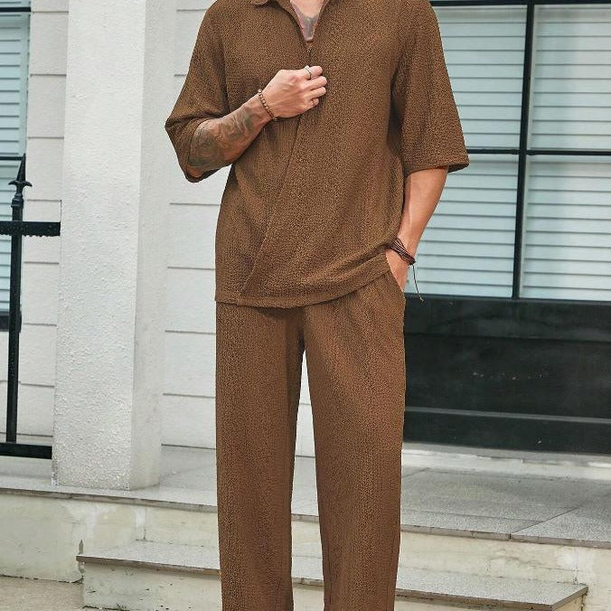 Men’s Shirt and Pants Set - Lightweight Cotton Blend - Relaxed Fit - Short Sleeve Casual Wear
