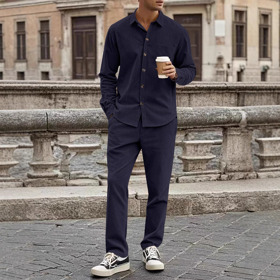 Men’s Corduroy Shirt and Pants Set – Relaxed Fit – Soft Textured – Button-Up Casual Wear