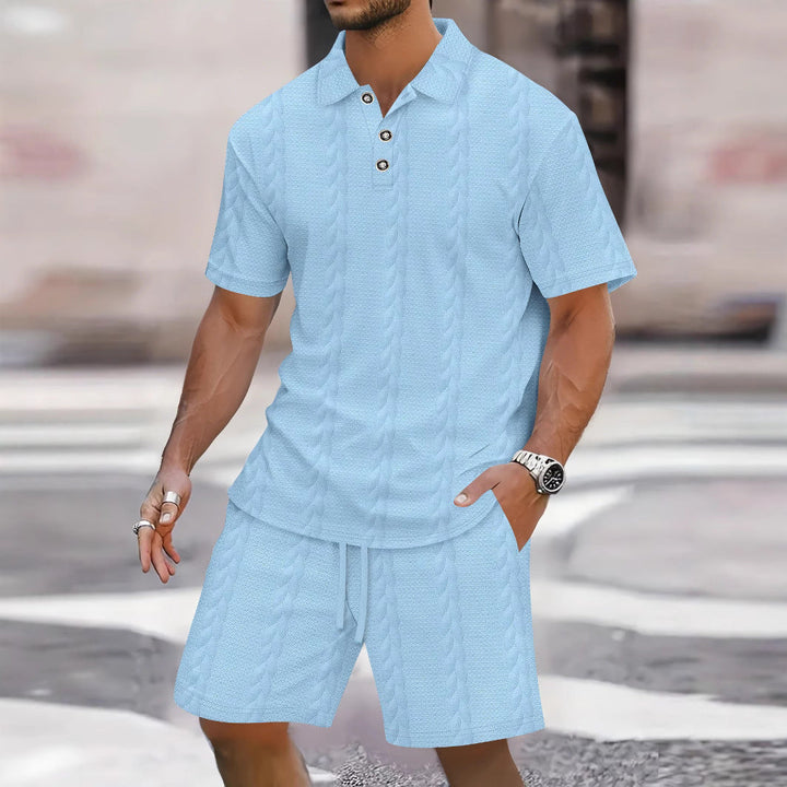 Men’s Shirt and Short Set – Relaxed Fit – Knit Texture – Button Front – Elastic Waist