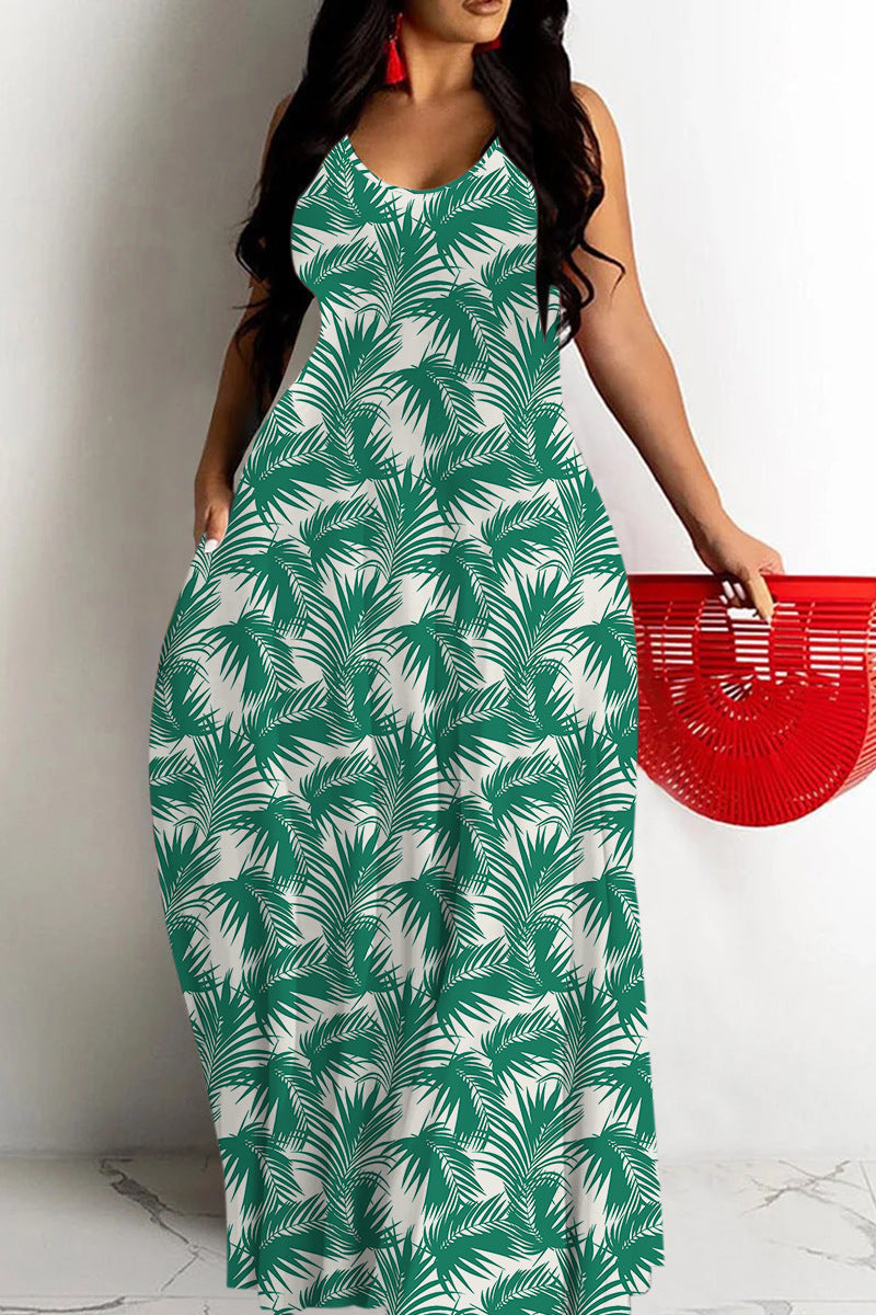 Women’s Maxi Dress – Flowy Fit – Deep V-Neck – Spaghetti Straps – Abstract Print