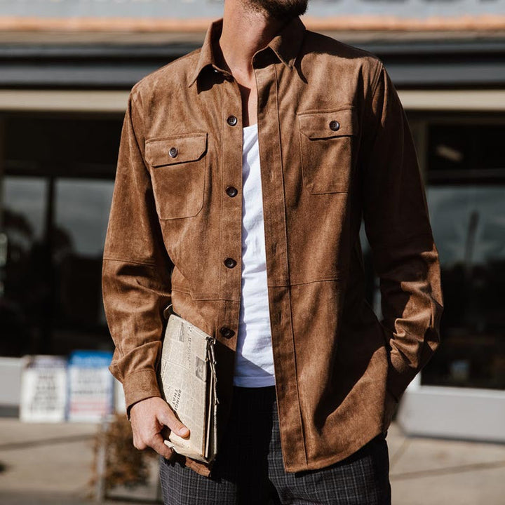 Men’s Casual Shirt – Regular Fit – Soft Suede-Look Texture – Button-Up with Chest Pockets