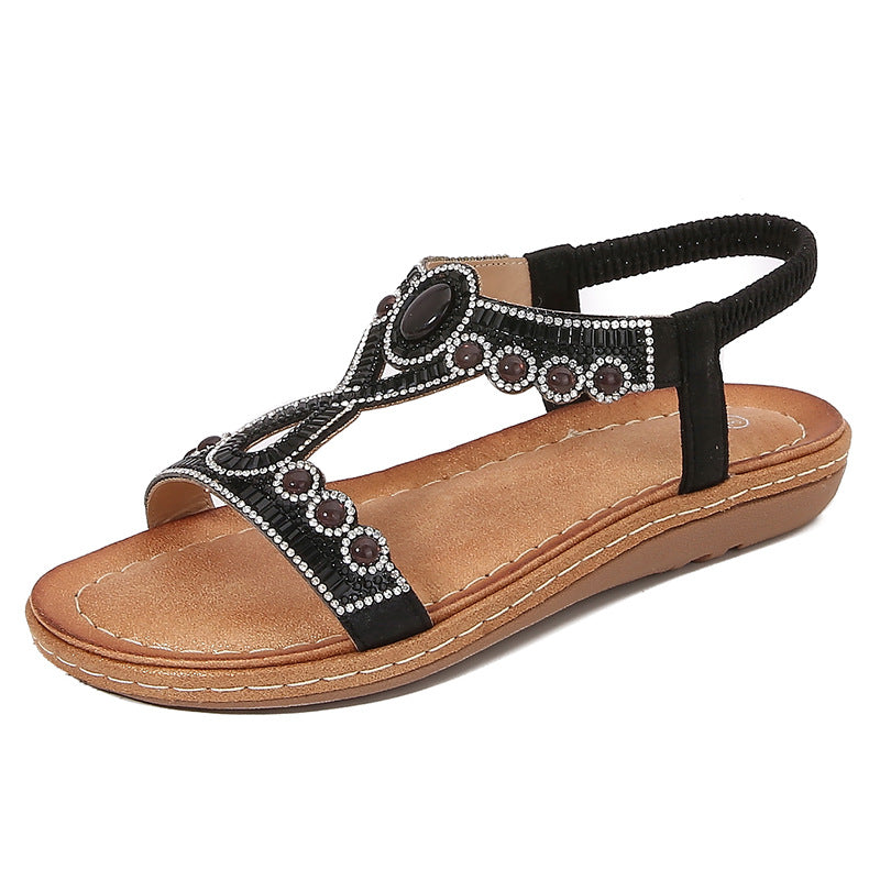 Women’s Sandals – Flat Sole – Cushioned Footbed – Crystal Embellished Thong Strap