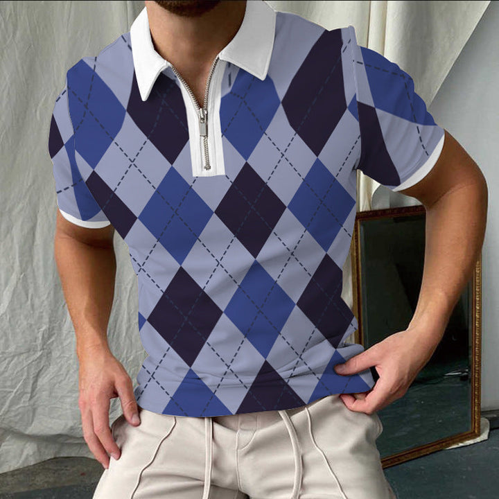 Men’s Polo Shirt – Slim Fit – Checkered Pattern – Zip Collar – Short Sleeve Casual – Cotton