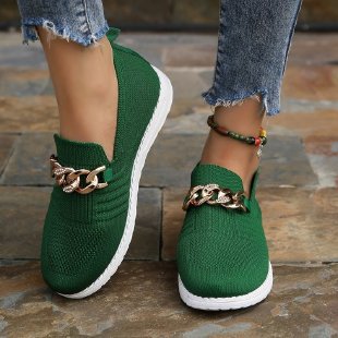 Women’s Loafers - Knit Slip-On - Soft Sole Comfort - Chain Detail Casual Fit