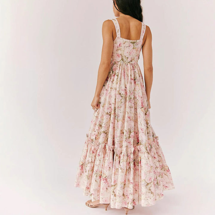 Women’s Maxi Dress – A-Line Fit – Sleeveless Spaghetti Strap – Floral Print – Ruffled Detail