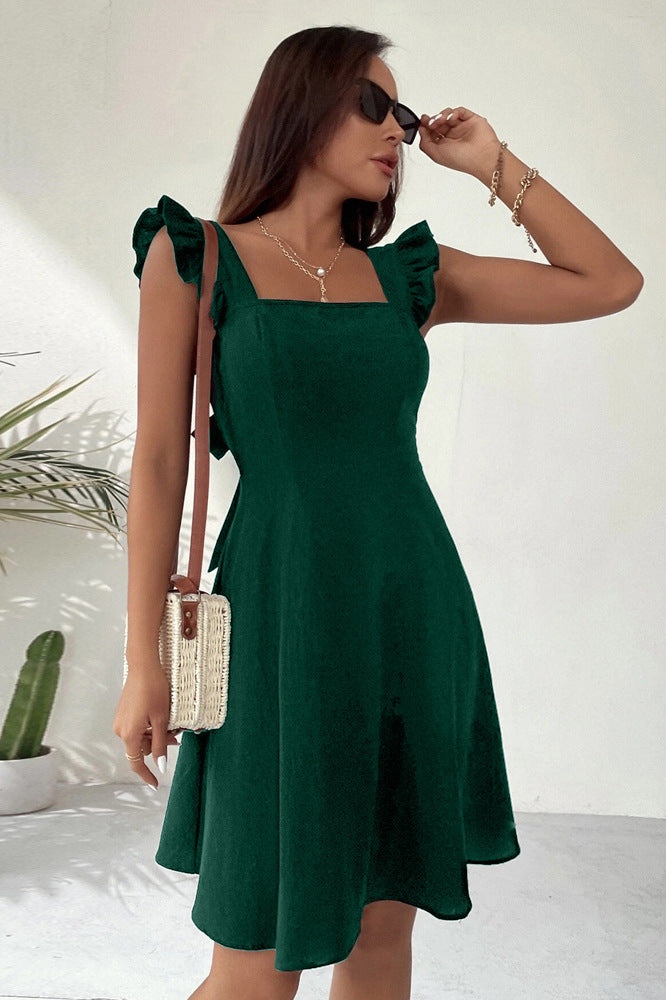 Women’s Fit and Flare Dress – Ruffled Cap Sleeves – Square Neck – Elegant Silhouette