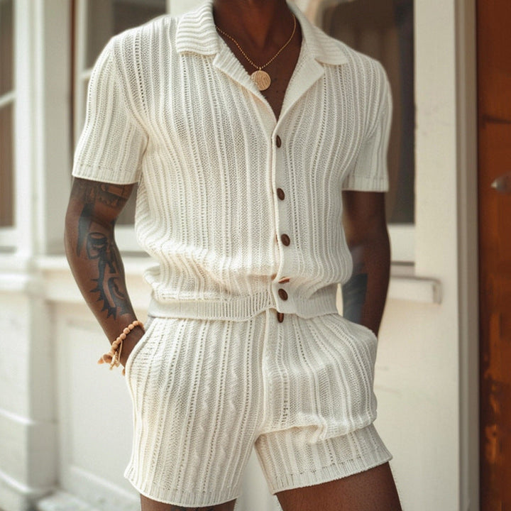 Men’s Knit Shirt and Shorts Set – Slim Fit – Button-Up Polo Collar – Breathable Matching Outfit