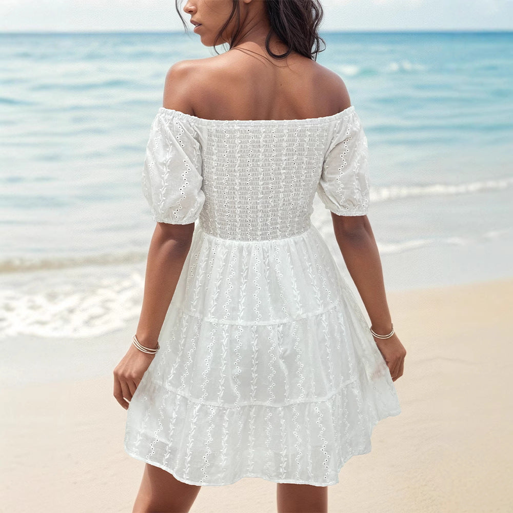 Women’s Off-Shoulder Dress – Smocked Bodice – Puff Sleeves – Tiered Eyelet Skirt
