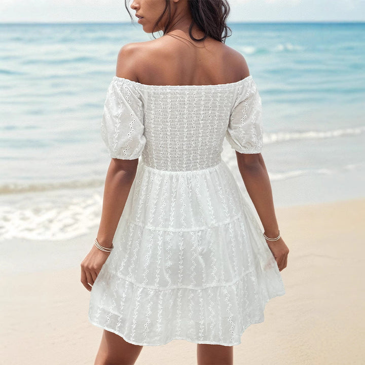 Women’s Off-Shoulder Dress – Smocked Bodice – Puff Sleeves – Tiered Eyelet Skirt