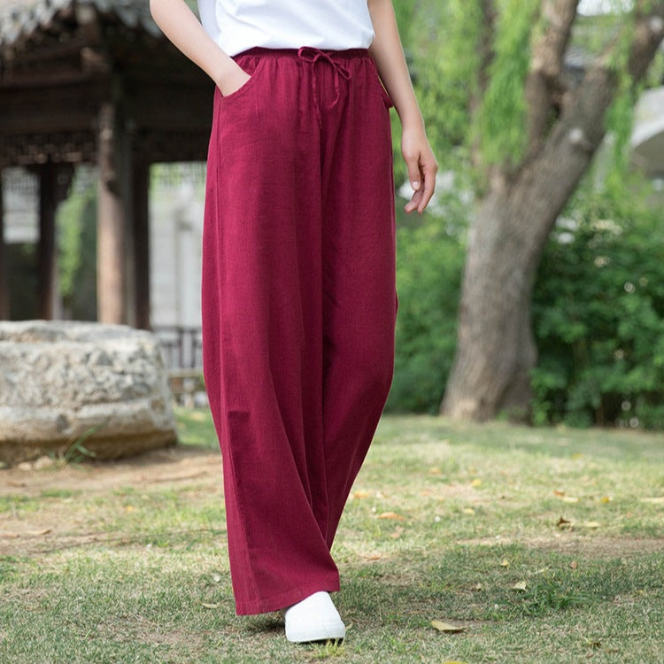 Women’s Wide-Leg Pants – Linen Blend – Relaxed Fit – Elastic Drawstring Waist – With Pockets