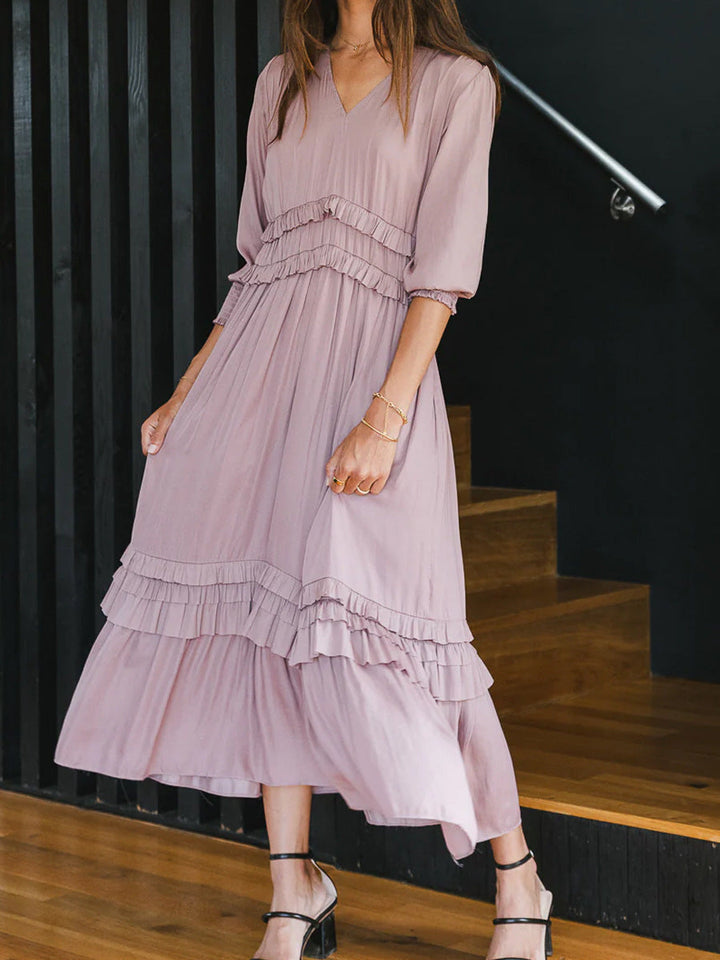 Women’s Midi Dress – V-Neck Relaxed Fit – Tiered Ruffle – Long Sleeve – Breathable Blend