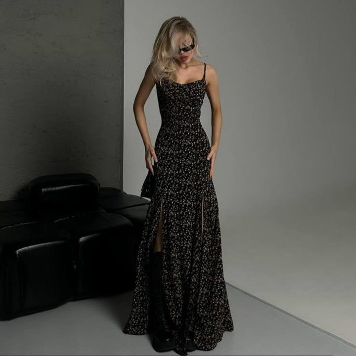 Women’s Maxi Dress – Slim Fit – Spaghetti Straps – High Slit – Floral Pattern