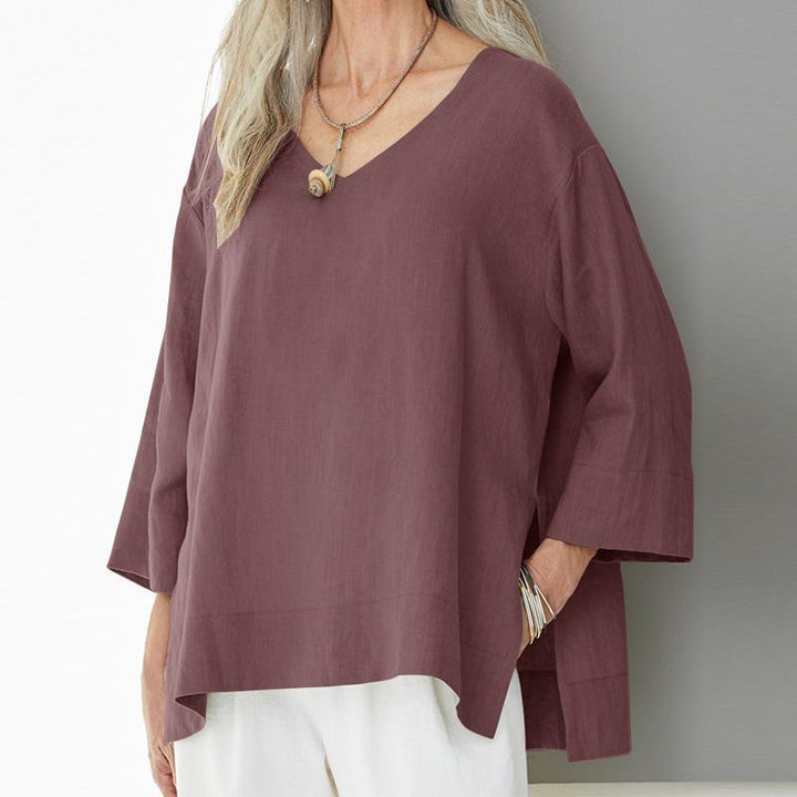 Women’s V-Neck Top – Cotton Linen Blend – Loose Fit – 3/4 Sleeve – Side Slit