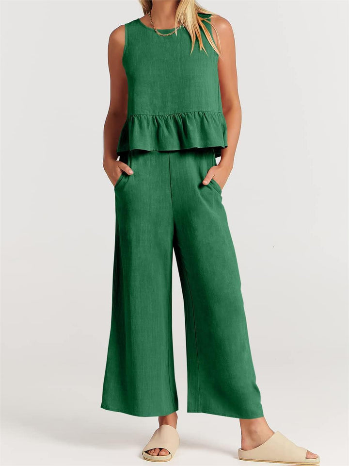 Women’s Two-Piece Set – Sleeveless Peplum Top – Wide-Leg High-Waist Pants – Lightweight Breathable