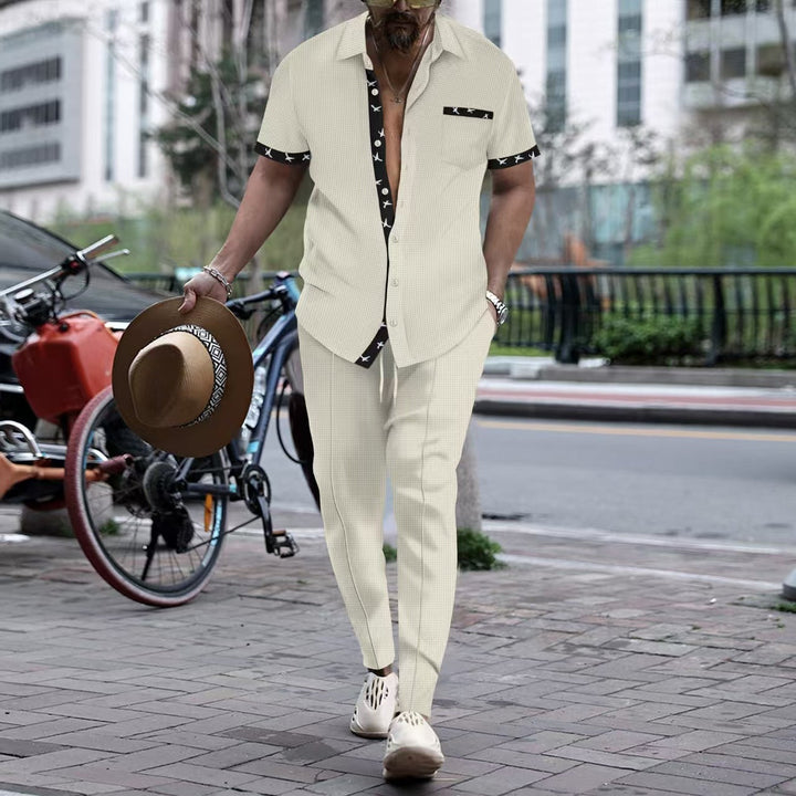 Men’s Two-Piece Set – Cotton – Relaxed Fit – Short Sleeve Shirt & Straight-Leg Pants
