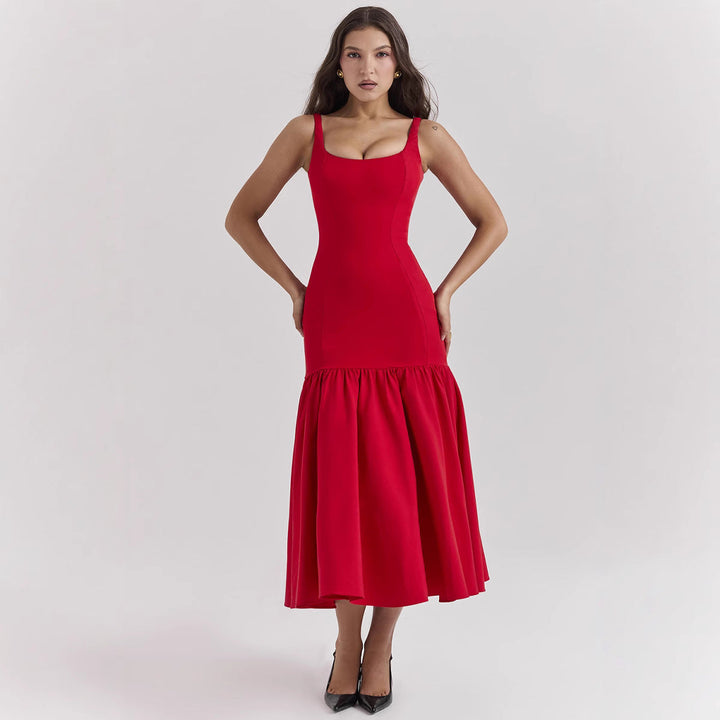 Women’s Dress – Fitted Bodice – Scoop Neck – Wide Straps – Ruffled Midi Skirt
